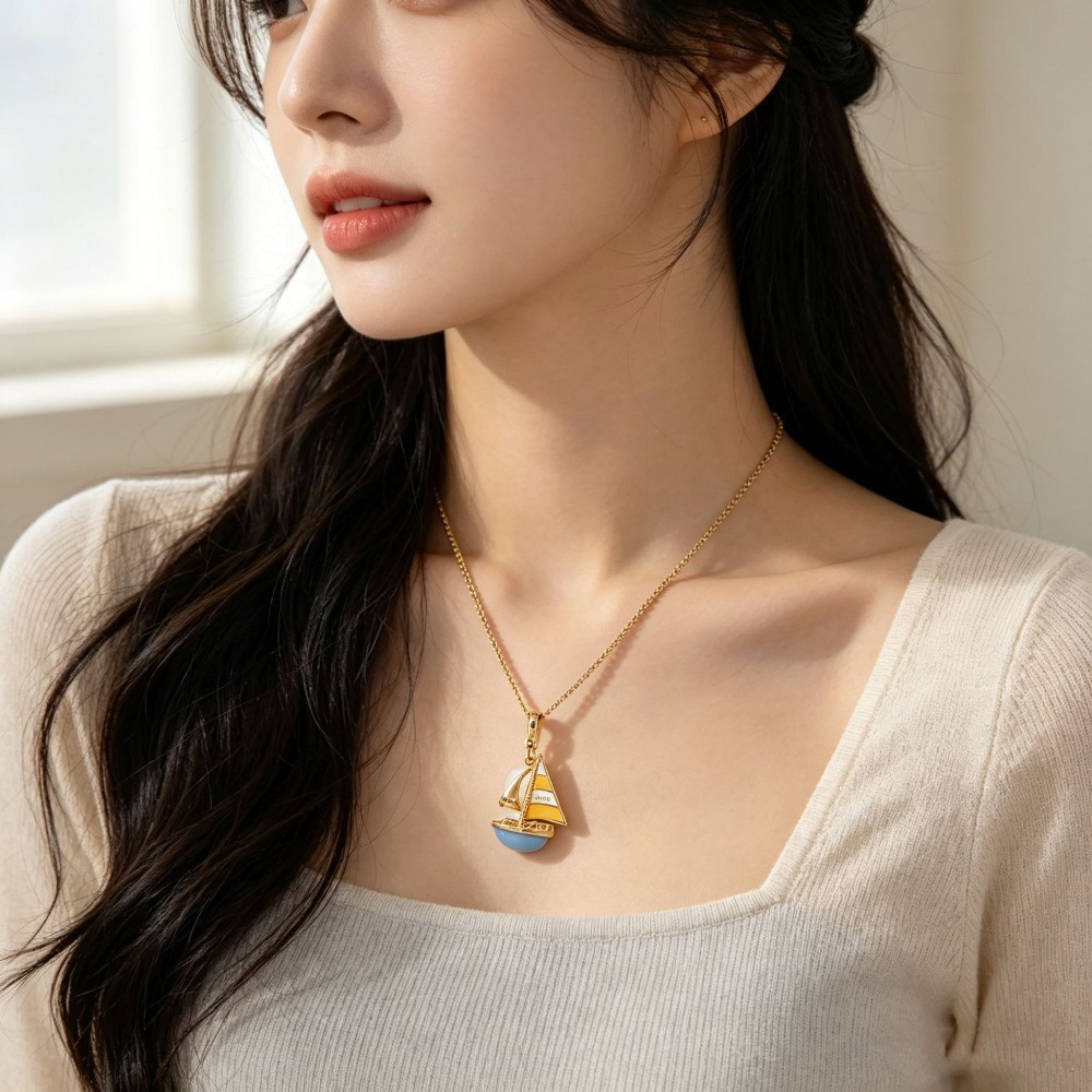 Elegant Enamel Glaze Blue Sail - Initial Letter Necklace 18K Gold ulasan dan harga